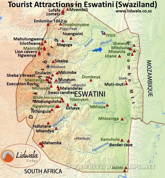 Map of tourist attractions in Eswatini (Swaziland)