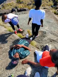 Luleka, Initia, Bongeka, Noncedo and Benanile resting after conquering Shebas Breast Hiking Trail